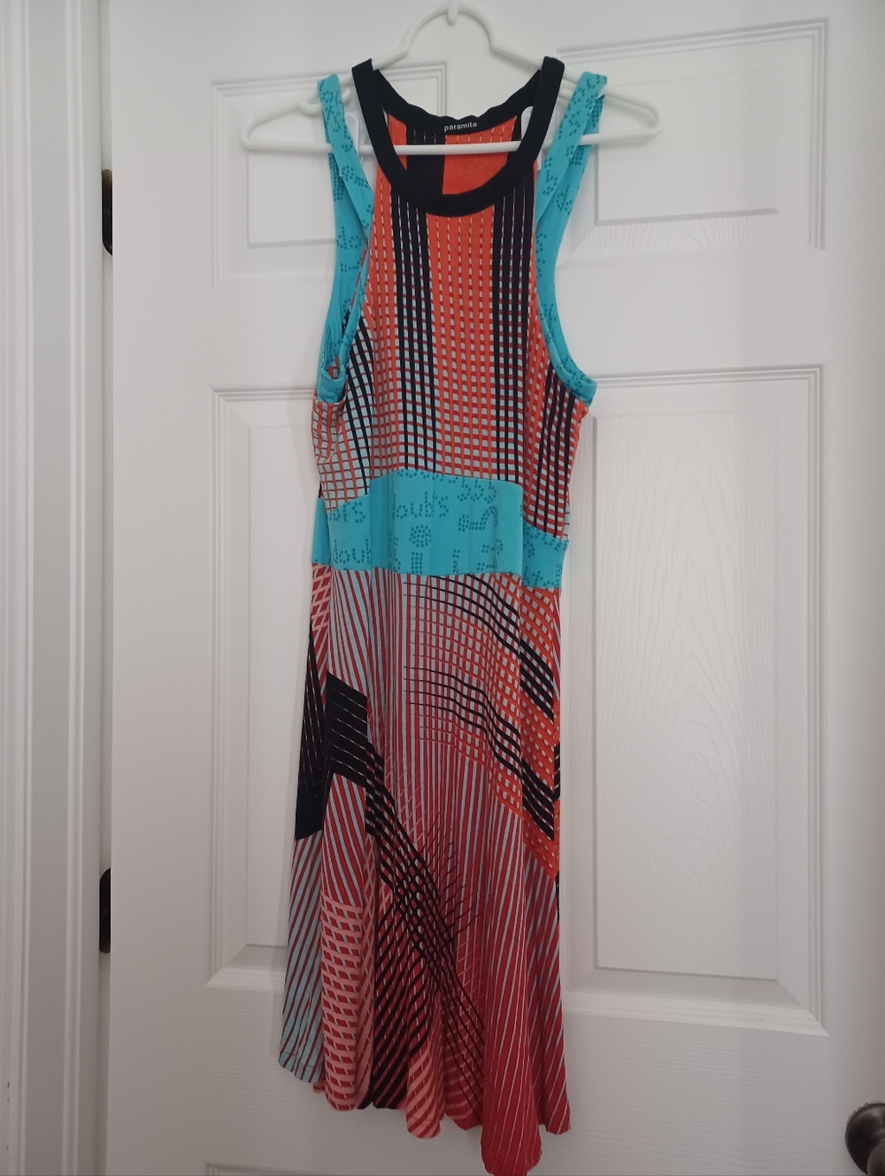 Paramita Womens Size L (10-12) double Stra-ped Turquoise & Coral Midi Dress